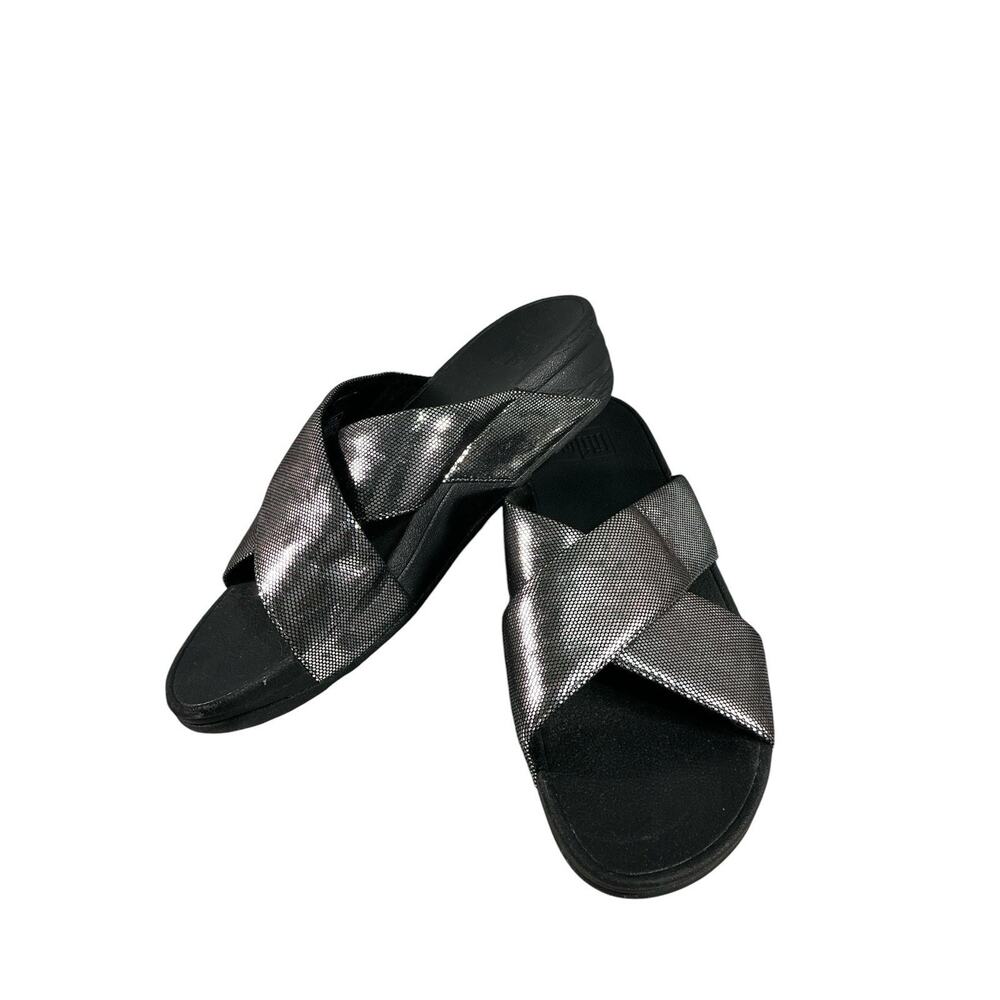 FITFLOP LULU GLITTERBALL CRYSTAL EMBELLISHED CROSS SLIDES METALLIC Sz. 8